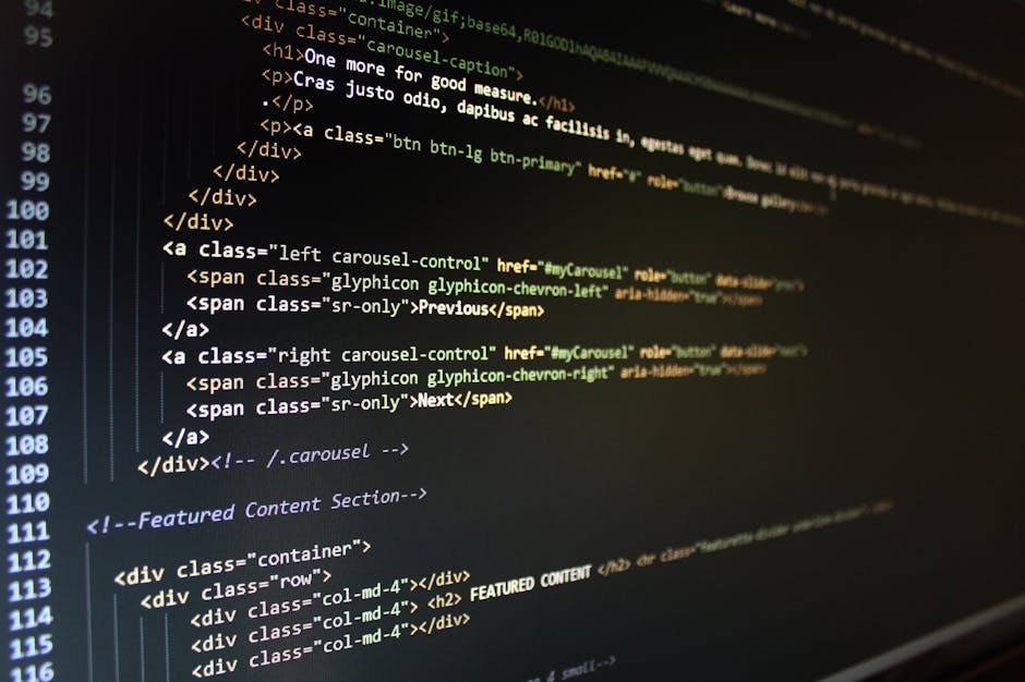 A close-up view of a computer screen displaying lines of HTML code, with colorful syntax highlighting in shades of green, yellow, and white. The code includes navigation control tags such as 'Previous
